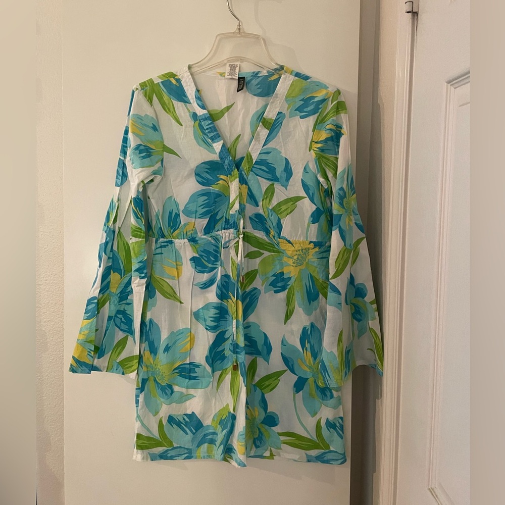 Ralph Lauren Cotton Long Sleeve Tunic Swim Cover Up Top Tropical Print Blue